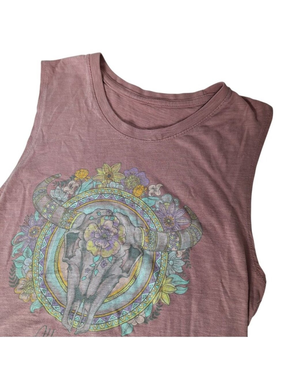 Albuquerque Southwestern Floral Bull Skull Muscle Tank Top Dusty Pink Medium